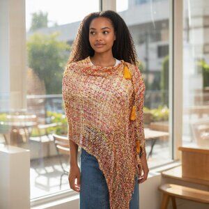 Yellow Cinnamon Hot Pink Peach  Poncho Vest Scarf Adjustable Tass…